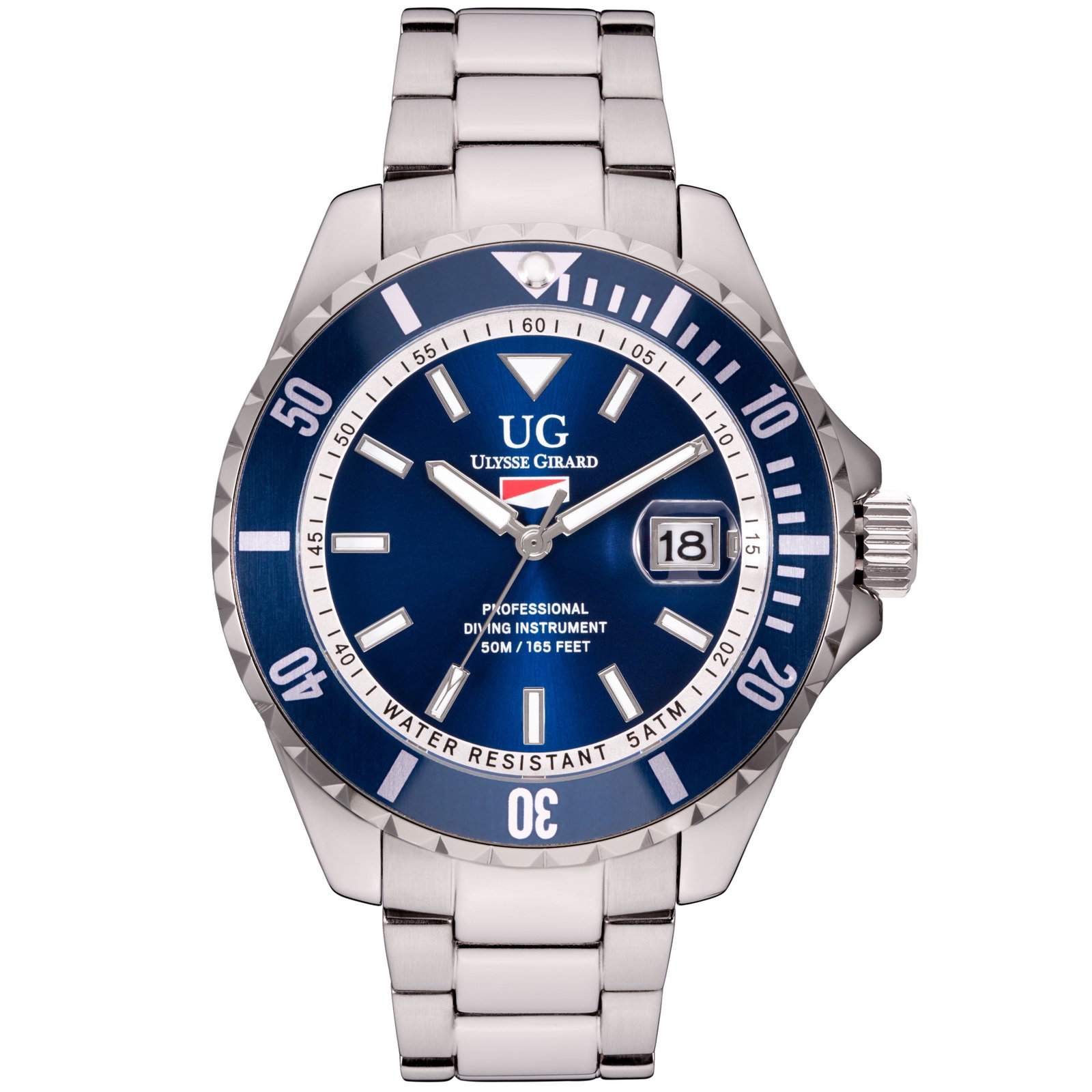 Ulysse Girard Mens Sport Diver 42mm Case Watch: •Colored Sunray Brushed Dial•Large Luminous Rectangular Indicies at the Quarter hours and Round Indicies elsewhere•Stainless Steel Case with built in Crown Protection•Screw off