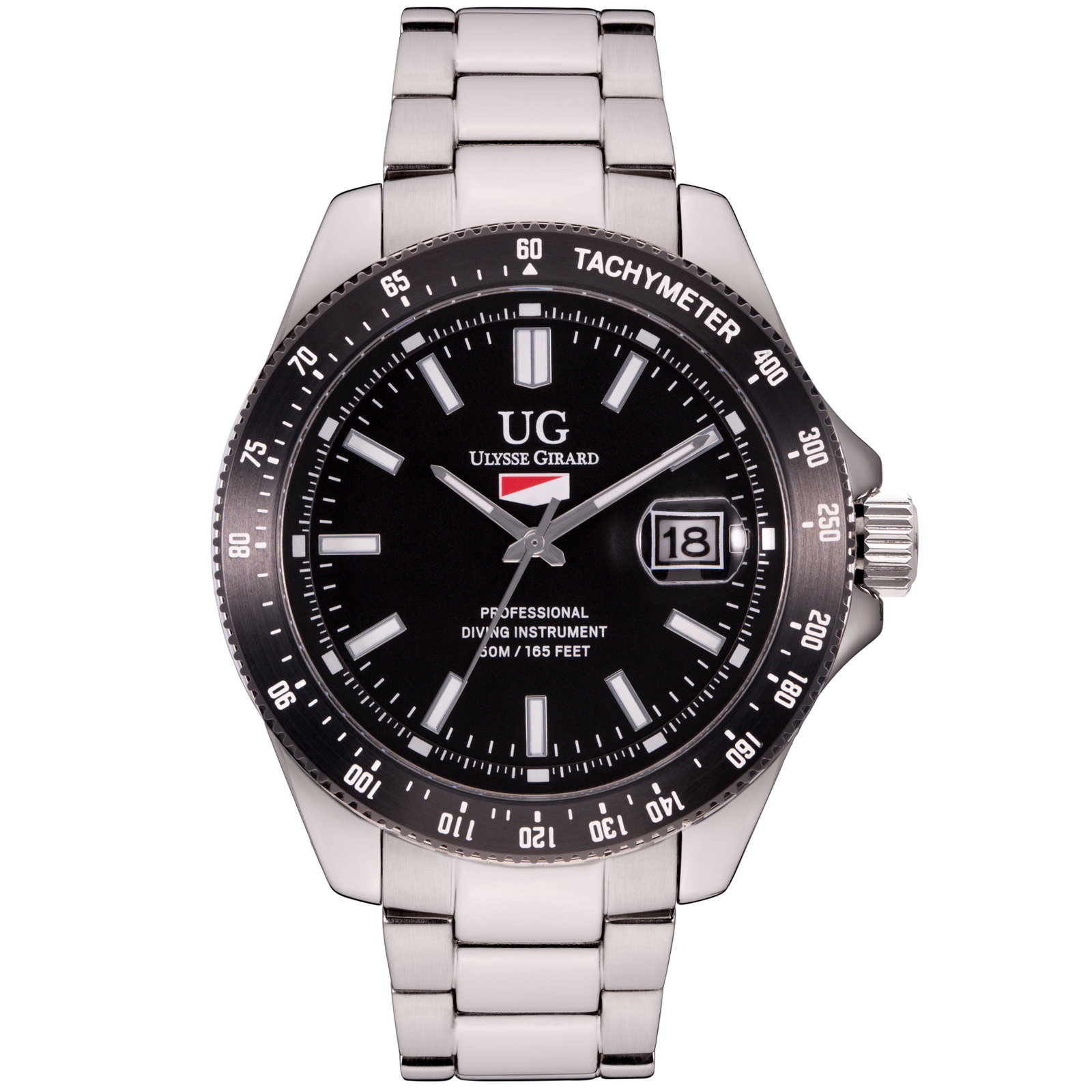 Ulysse Girard Mens Sport Diver 42mm Case Watch: •Black Multi Layer Dial•Large Luminous Rectangular Indicies•Stainless Steel Case with built in Crown Protection•Screw off Case Back•Coin Edged Fixed Tachymeter bezel̶
