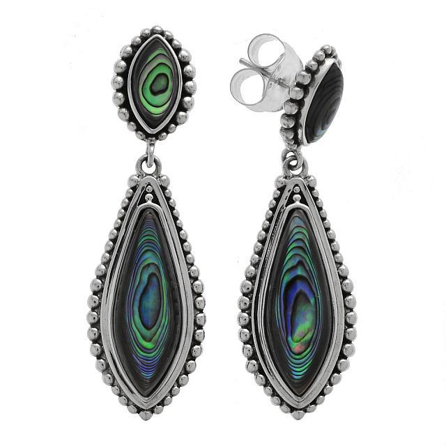 Sterling Silver Abalone Shell Drop Earrings: Genuine abalone shell with fascinating ever-changing iridescence adorns these lovely earrings from the Pangea Mines Lagoon Collection. Crafted in oxidized finish sterling silver with attractive drop s