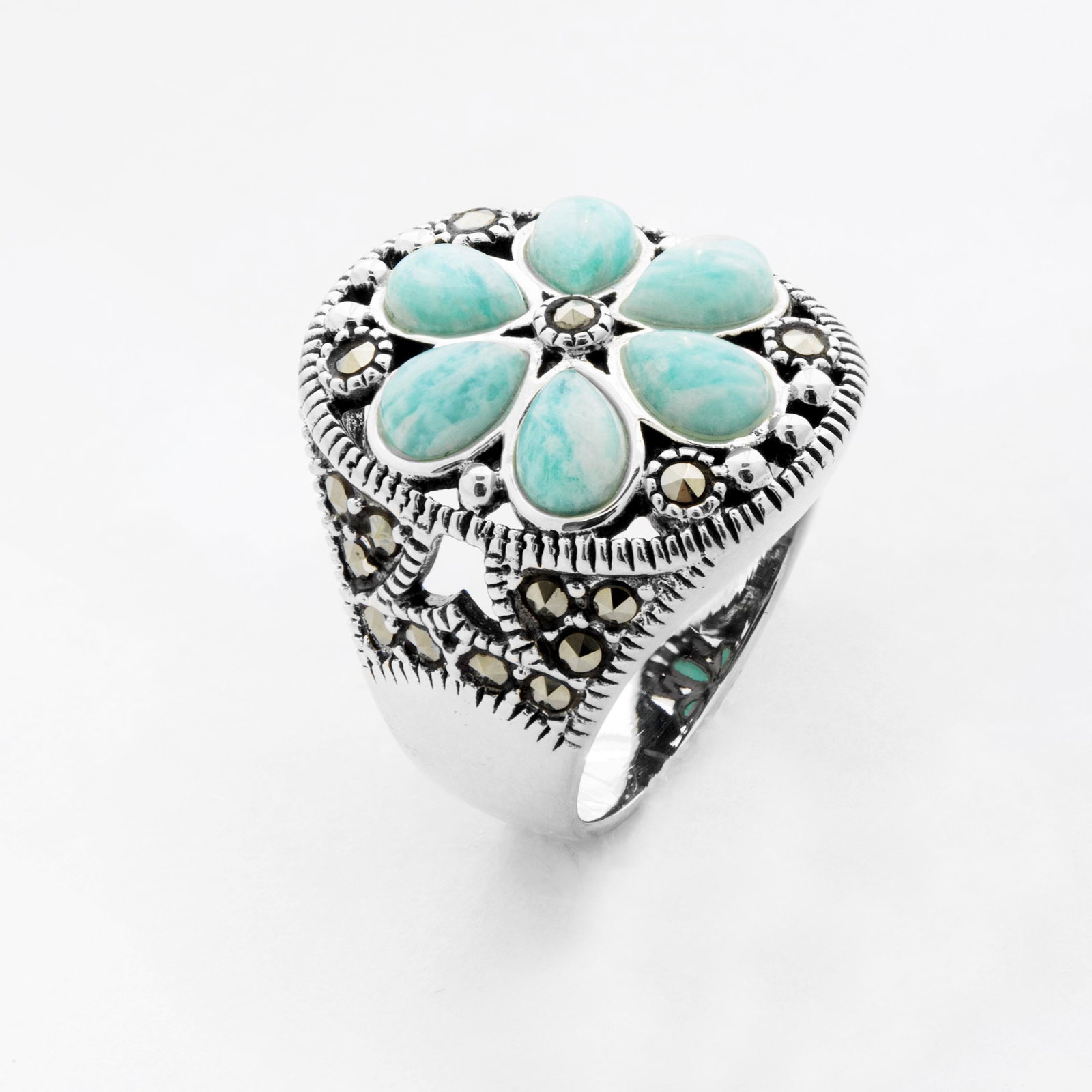 Sterling Silver Marcasite & Amazonite Ring-SZ 7: Brighten your world with this delightful ring from the Pangea Mines Pretty in Pastels Collection. Beautifully crafted in oxidized sterling silver and adorned with genuine pear cut amazonite gemstones 