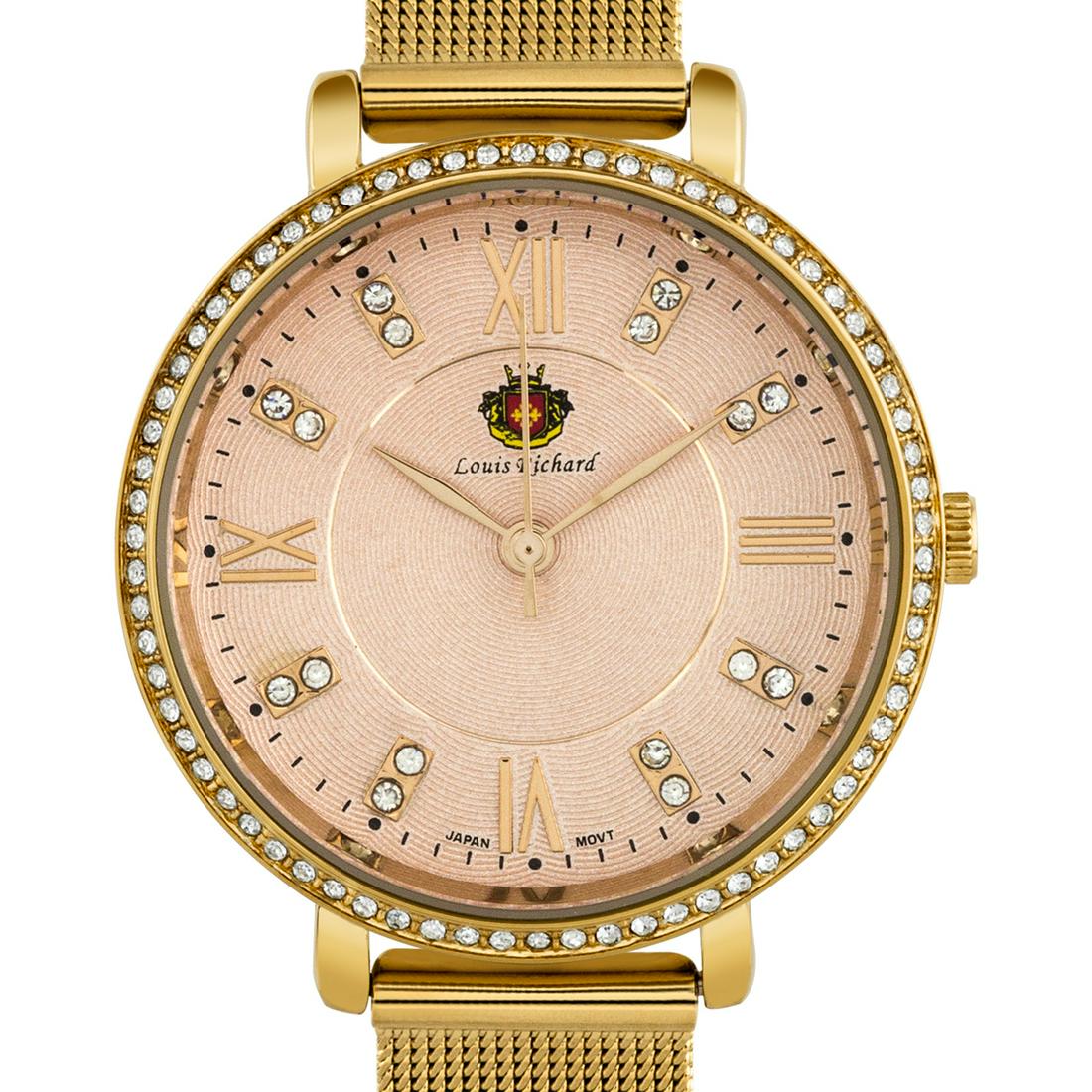 Louis Richard 36mm Case Mesh Band Ladies Watch: A multi.layered textured dial, all stainless steel case and a beautifully designed bezel w/ crystals made from Swarovski elements make the Louis Richard a very modern design ideal for pairing with the