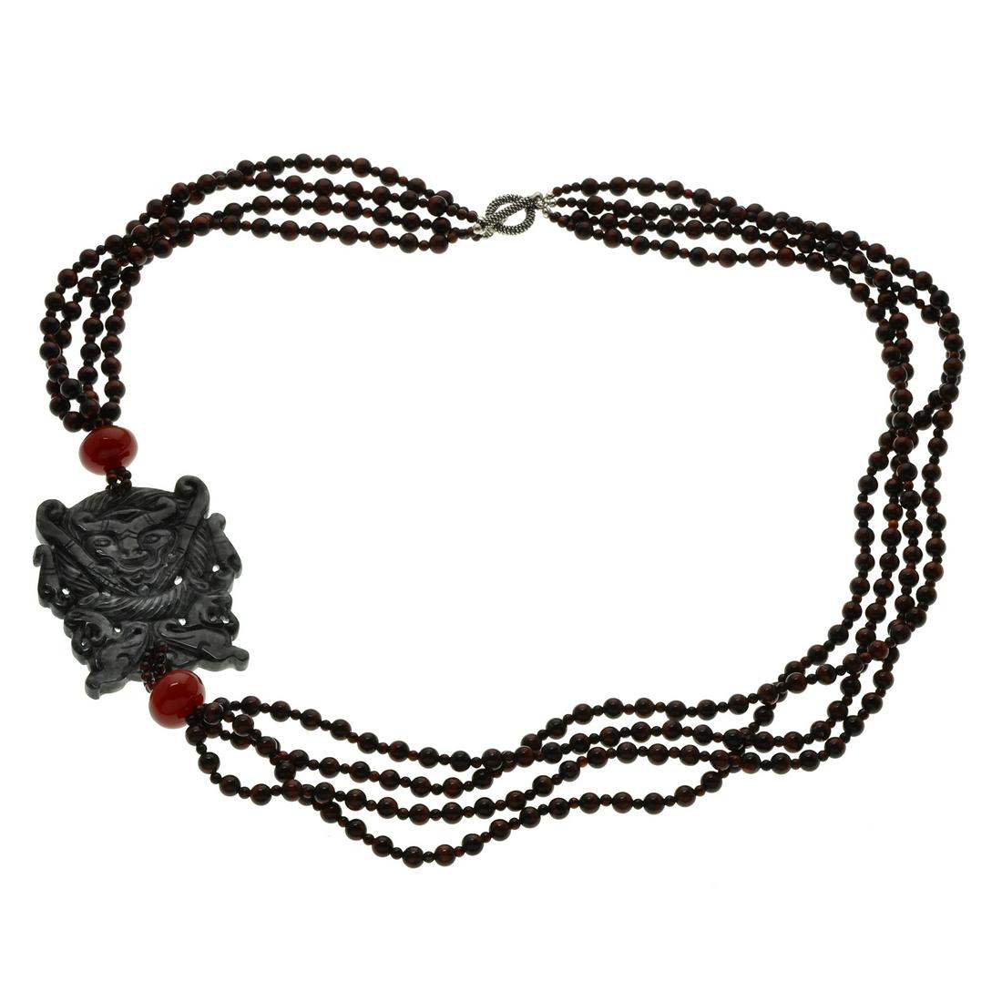 Sterling Silver,Charcoal Jade&TigerEye Necklace32": Add an impressive new look with this 32” necklace from the Pangea Mines Jade Royale Collection. Styled in a luxurious multi-strand design, and hand strung with genuine carved charcoal jade, carn