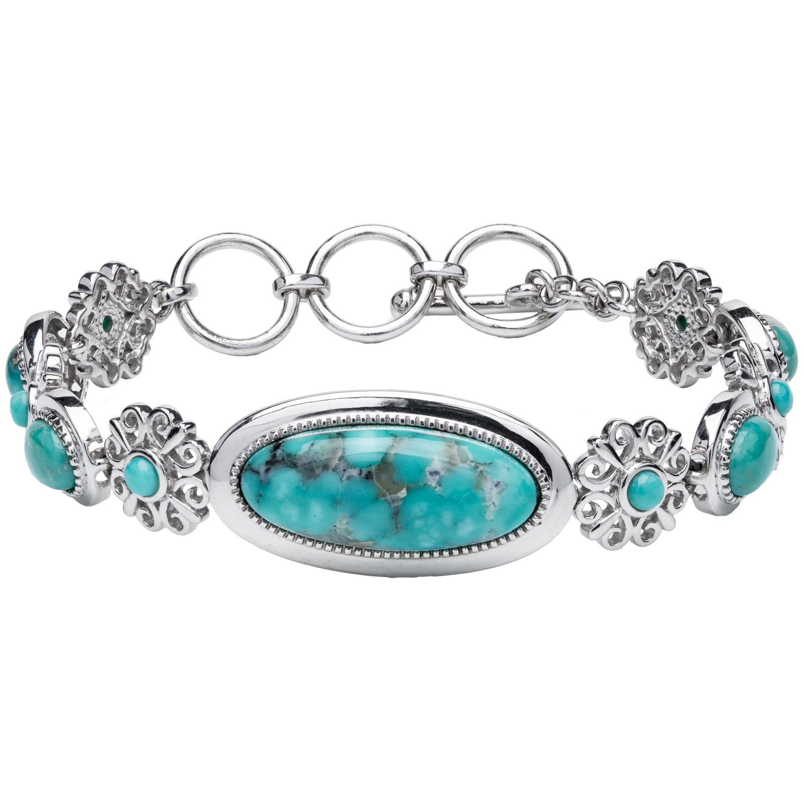 Sterling Silver Turquoise Toggle Bracelet 7.75": One large oval Genuine Blue Campo Frio Turquoise cabochon anchors the piece at the center. Round Campo Frio Turquoise cabochons in floral motif stations and oval stations alternate out from that cente