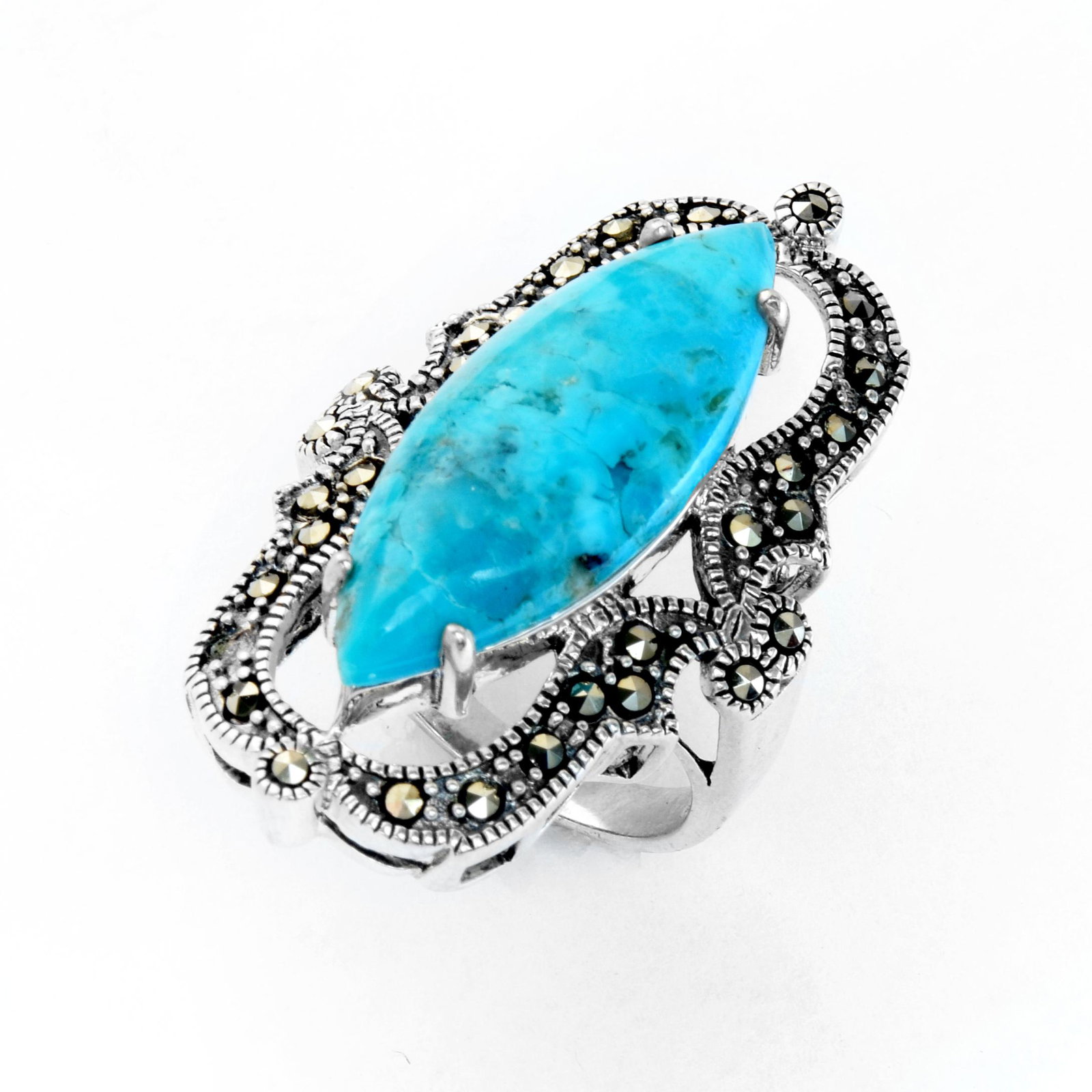 Sterling Silver Turquouise & Marcasite Ring-SZ 9: • Genuine marcasite & turquoise • One marquise shaped cabochon 28x11mm• Shield design• Gleaming rhodium over fine sterling silver