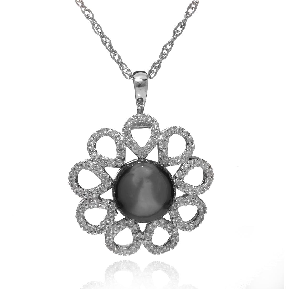 Grey Pearl Flower Motif Pendant with Chain: Grey Pearl Flower Motif Pendant with Chain • Metal: Sterling Silver• Stone: Pearl,CZ• Total Weight: 4.6 grams• Finish: Rhodium