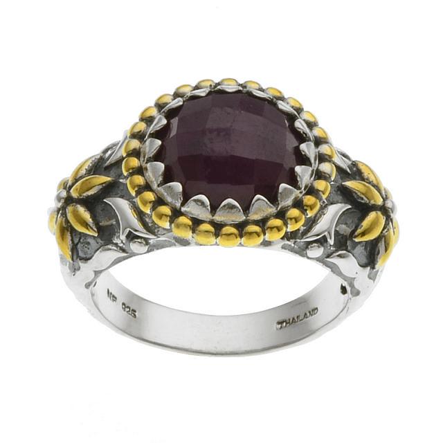Silver Mudurai Ruby Hammered Flower Ring-SZ 7: Make a lasting impression with this lovely ring from the Addison Lane Bali Grandeur Collection. Beautifully crafted in oxidized-finish sterling silver with 14k gold plated accents and adorned with a g