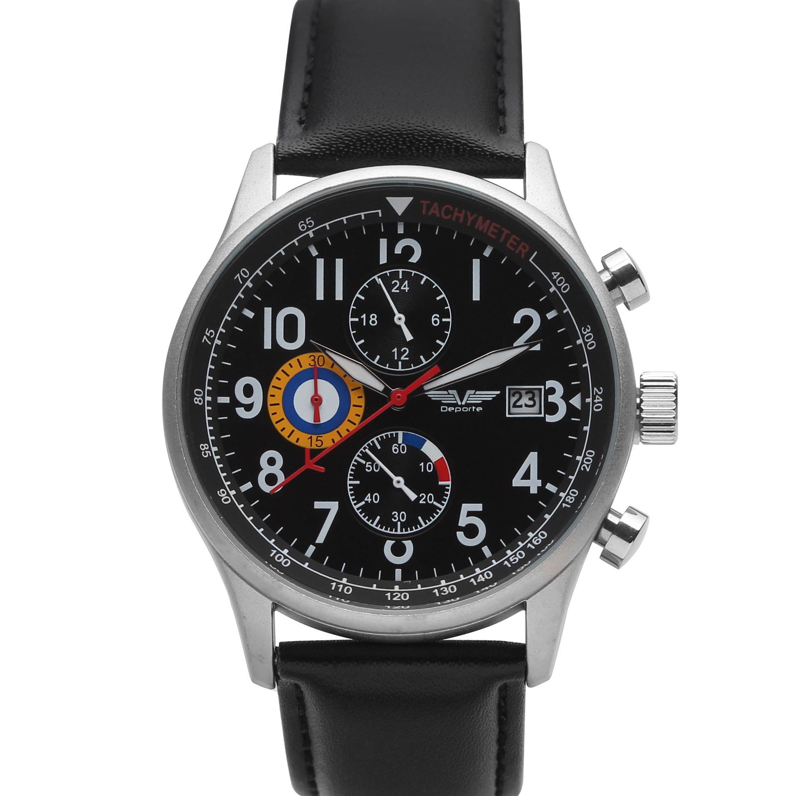 Deporte Spitfire 42mm Case Men's Chronograph Watch: The sporty Spitfire features Stainlesss Steel 42mm Diameter Case with Chronograph Tachymeter 3 Sub Dials, White Indices Date Magnification Lens Black Dial, Silver Tone Case And Black Branded Leather S