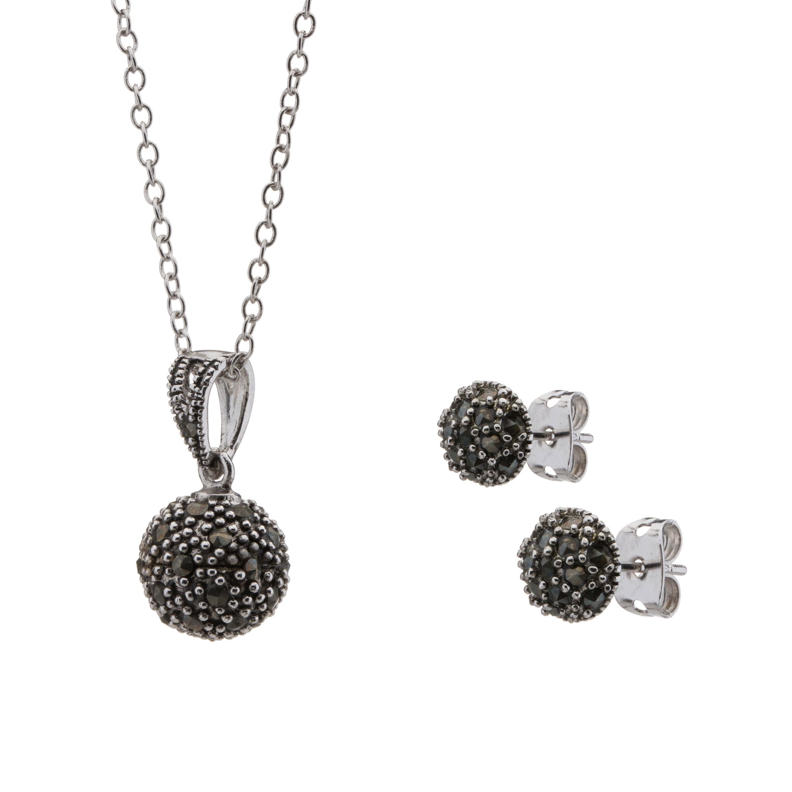 Set of Marcasite Pendant & Stud Earrings: A complete look from Romilly! A lovely, detailed Bow pendant is crafted in gleaming silver plate and embellished with genuine marcasite pavé and matched with ball stud earrings to create a striki