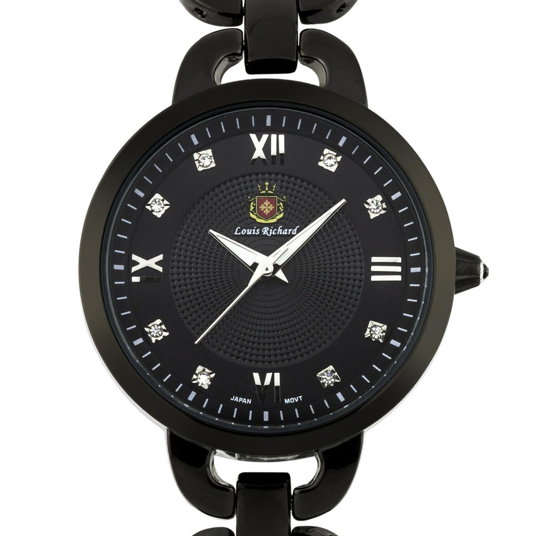Louis Richard Felina 38mm Case Ladies Watch: Ion Plated Metal BraceletStainless Steel BackStainless Steel Fold Over ClaspMulti Textured Moon Phase DialStainless Steel Push/Pull Crown with Czech Crystal