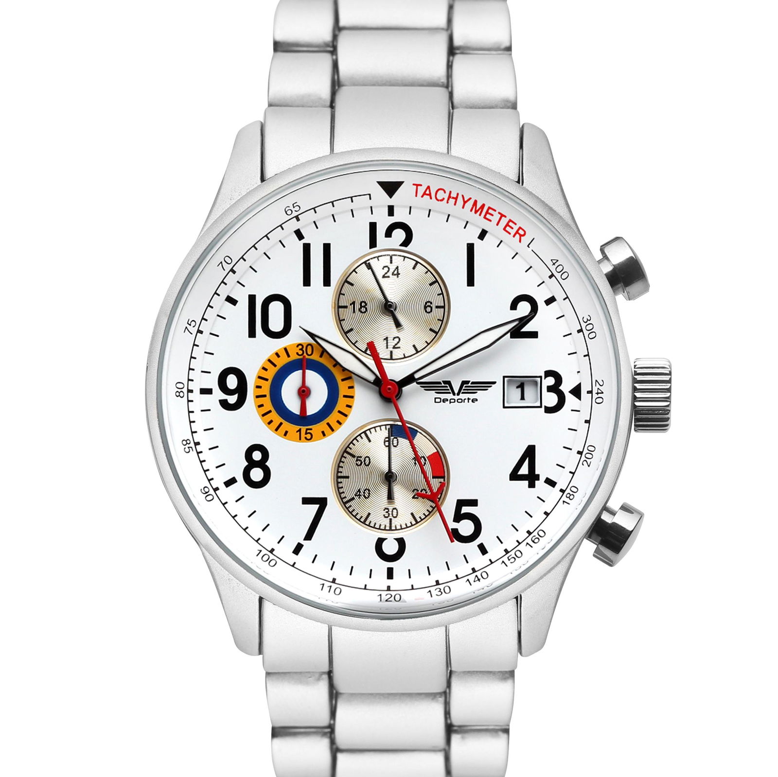 Deporte Spitfire Men's Chronograph 42mm Case Watch: The sporty Spitfire features Stainlesss Steel 42mm Diameter Case with Chronograph Tachymeter 3 Sub Dials, White Indices, Date Magnification Lens White Dial, Silver Tone Case And Branded Bracelet Strap