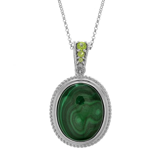 Sterling Silver Oval Malachite & Peridot Pendant: Heavenly! Pangea Mines gorgeous enhancer pendant is adorned with oval gemstones accents on a textured sterling silver setting to create a truly eye-catching design. MalachiteMalachite: One oval 25 x 2