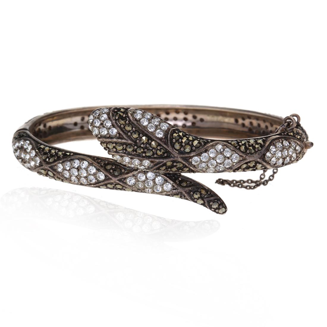 Sterling Silver Marcasite Snake Bangle: Sterling Silver Marcasite Snake Bangle 7.25"• Metal: Sterling Silver • Stone: Cubic Zirconia ,Marcasite • Width: 20mm