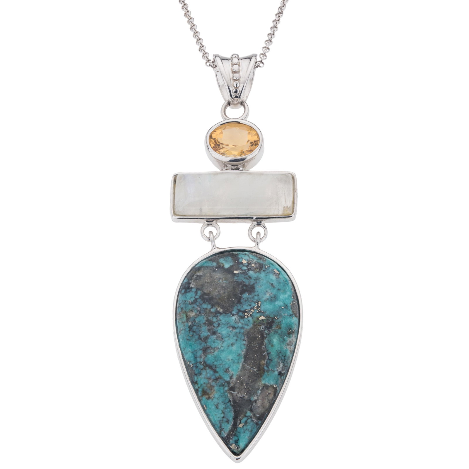 Silver Turquoise, Moonstone & Citrine Pendant: 925 Sterling Silver You will love the color, shape and texture of Pangea Mines pendant necklace. Beautifully crafted in gleaming rhodium over sterling and adorned with pear cut Campo Frio turquoise, r