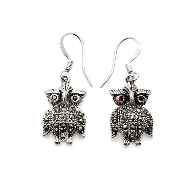 Genuine Marcasite Owl Dangle Earrings: • Genuine marcasite• Setting: Prong• Measurement: 36mm x 12mm x 4mm• Comfortable french hook• Gleaming rhodium over brass• Disclaimer: Gemstones may feature inclusions or imperfections and