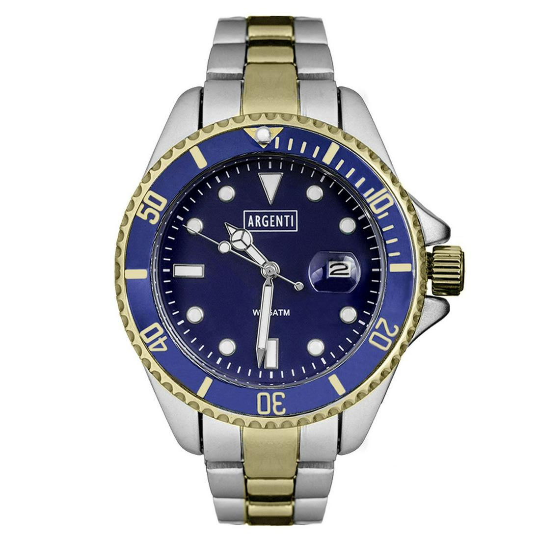 Argenti Adriatic Mens Diver Style Watch: Argenti brings you the Adriatic Diver style watch, Silver And Gold Bracelet, Black Dial, Silver Case, Black And Gold Bazel