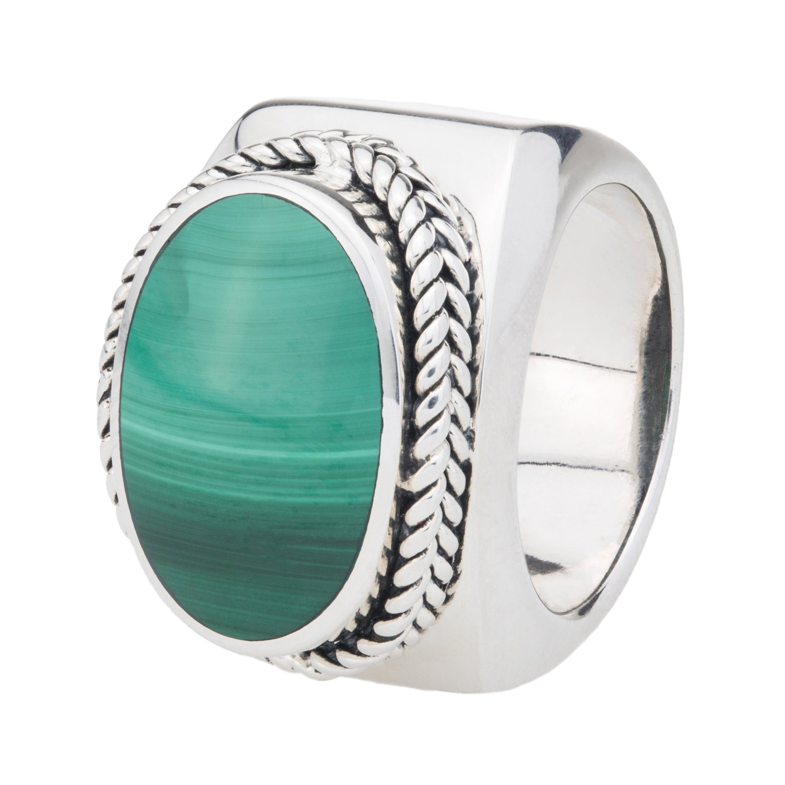 Sterling Silver Oval Malachite East-West Ring-SZ 10: Impressive color, size and luster makes this lovely design from Pangea Mines an eye-catching dazzler! Adorned with an 18 x13mm oval Malachite cabochon, it is beautifully crafted in gleaming sterling s