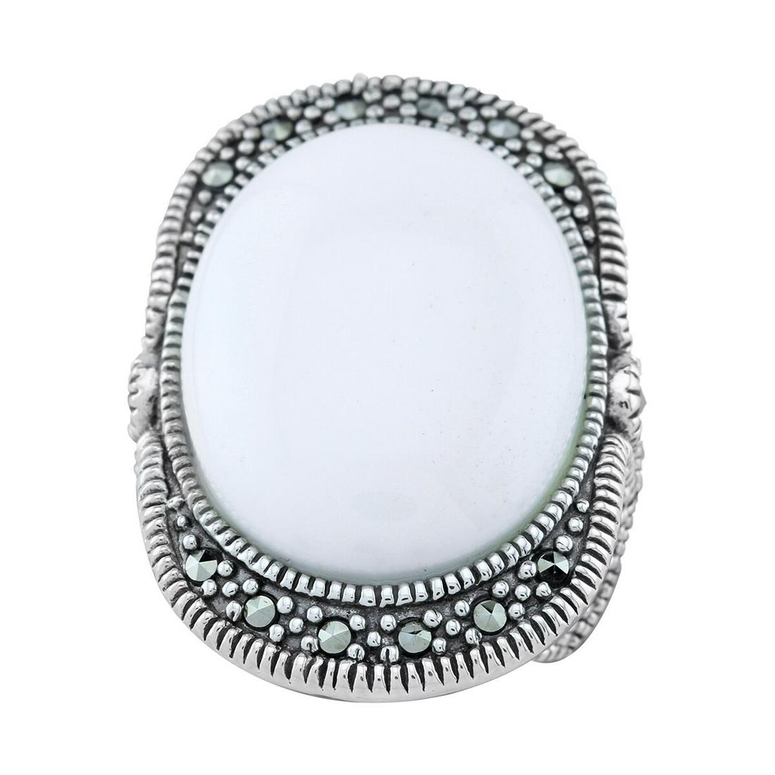 Sterling Silver Oval Agate & Marcasite Ring-SZ 8: One genuine pristine White Agate gemstone cabochon sits in a north-south orientation at the center surrounded by smoldering grey marcasites that spill over onto the contoured sides of the setting. Rop