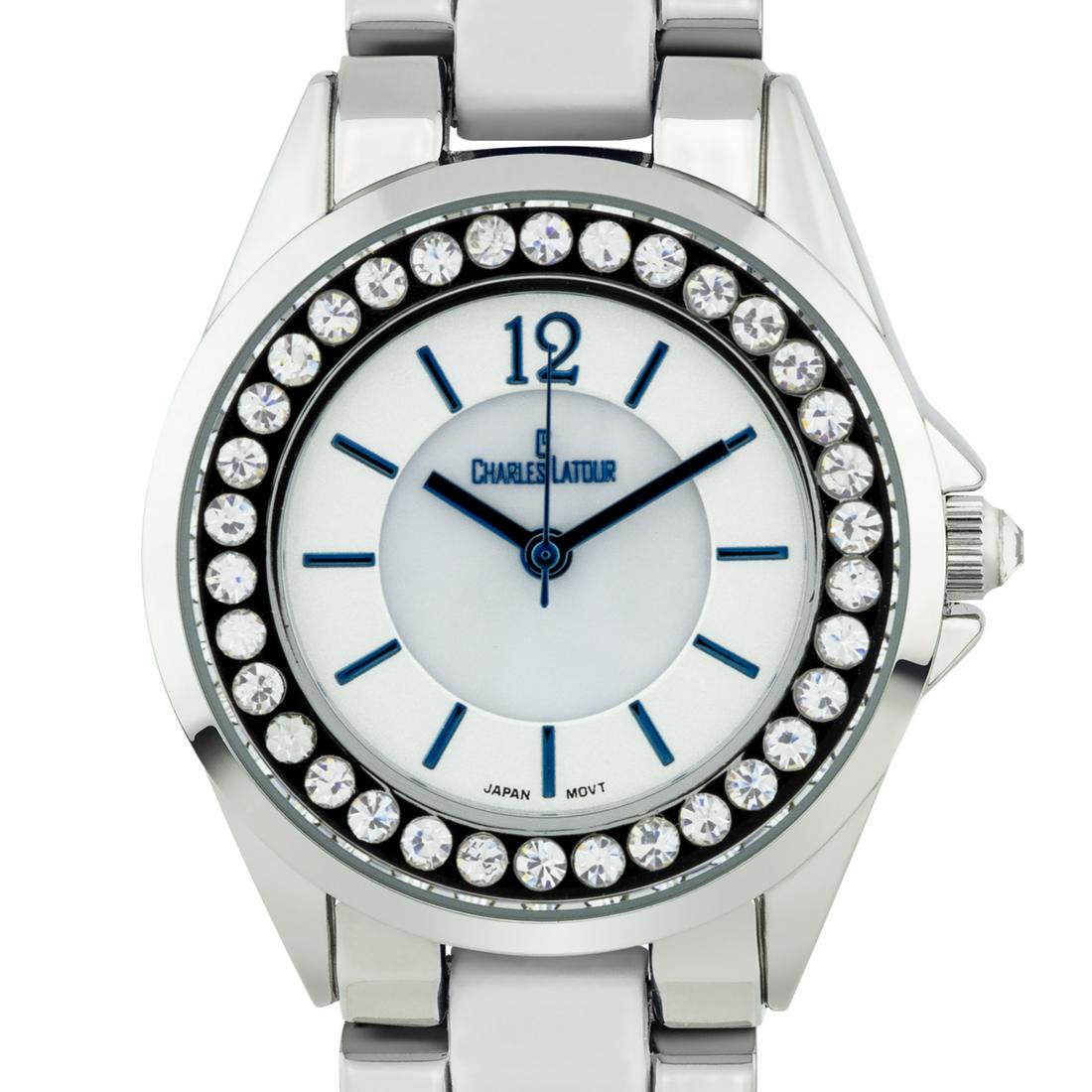 Charles Latour 34mm Case Crystal Bezel Ladie Watch: The Charles Latour has a sleek 34mm case with stunning Czech crystals surround the outer chapter ring. A mirror finish arabic numeral at 12, and a pearlized dial core compliment the variaty of colors 