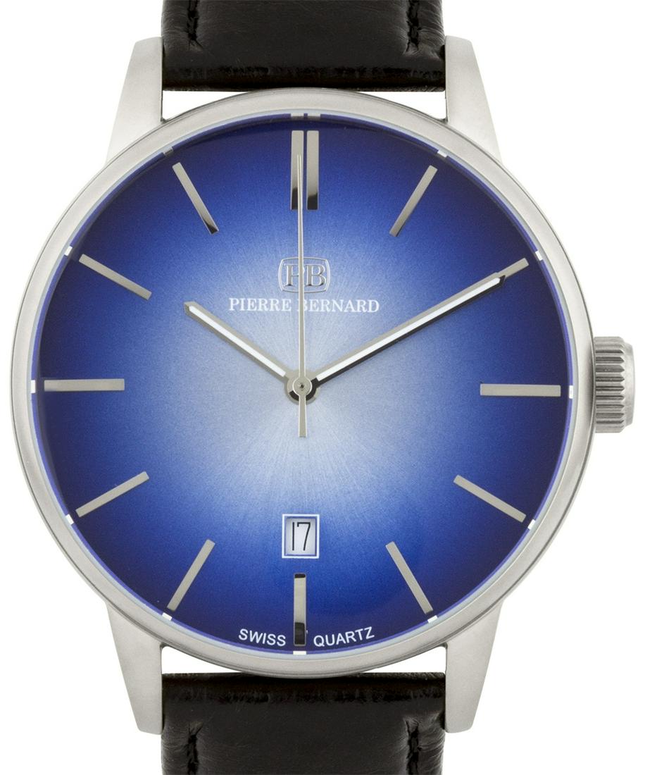 Pierre Bernad Black Leather 42mm Case Men's Watch: Main Features: Genuine Swiss Ronda 515 Movement , Classic Design, Visible Date WindowHands: Luminescent handsCase Shape: RoundMaterial: Stainless Steel, LeatherCase Thickness: 10mmStrap Width: 20mm St