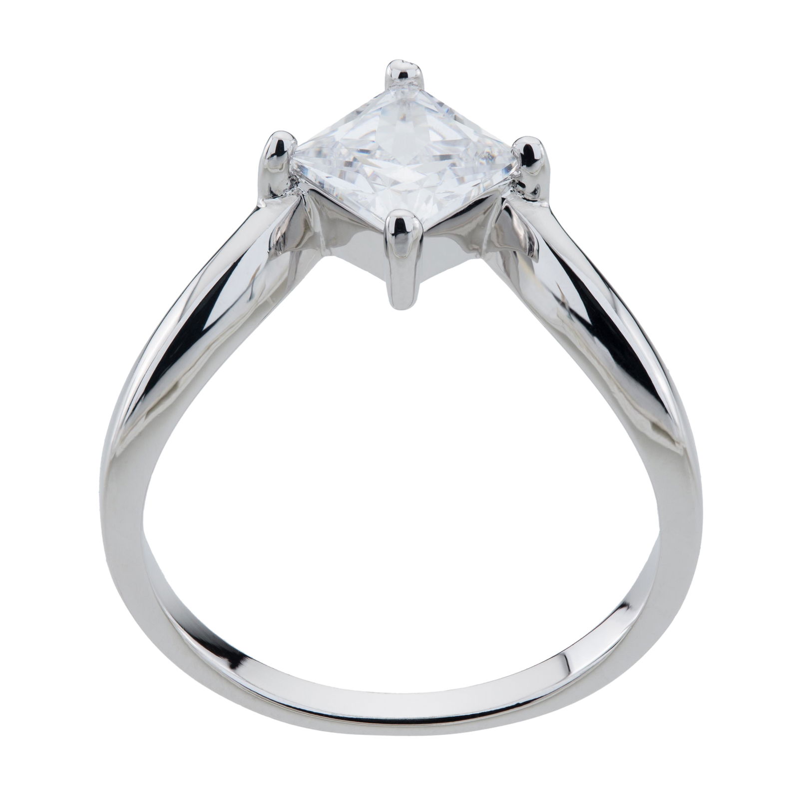 White Gold Plate Simulated Diamond Cut Ring SZ 8: Metal: BrassStone: Cubic ZirconiaRing Style: PromiseStone Shape: PrincessJewelry Setting: ProngMetal Color: WhiteStone Color: WhiteMeasurements: 0.38 In. x 0.81 In. x 0.25 In.Country of Origin China