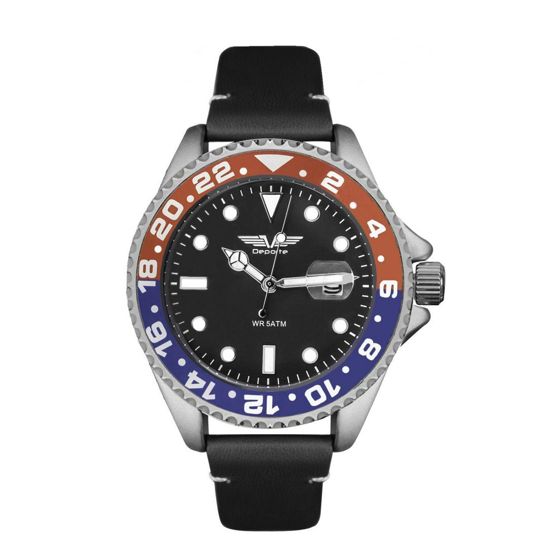 Deporte Pacific Men Diver Watch 42mm Diameter Case: Main Features: Luminescent white hands with a leather stap, two tone bezel red and blue with black dial and silver tone case & date Magnification LensHands: Luminous WhiteCase Shape: RoundMaterial: Io