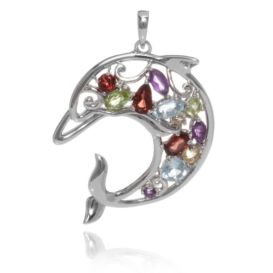 Sterling Silver Multi Gemstones Dolphin Pendant: Sterling Silver Multi Gemstones Dolphin Pendant • Metal: Sterling Silver• Stone: Amethyst,Blue Topaz,Citrine,Garnet• Total Weight: 4.6 grams• Finish: Rhodium
