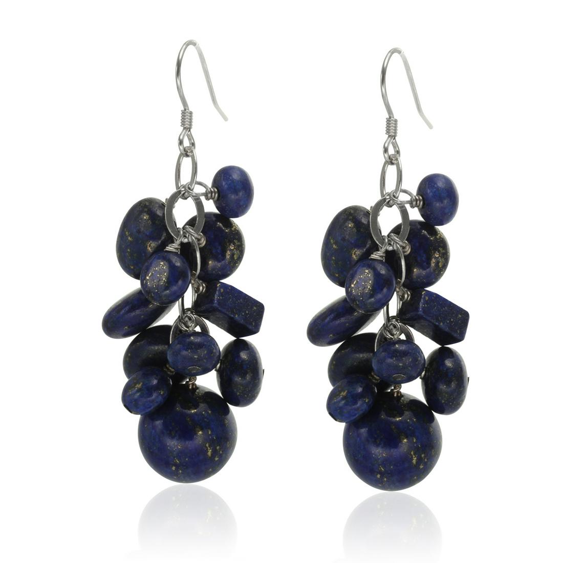Sterling Silver Lapis Cluster Drop Earrings: Dyed Blue Lapis: Six oval 10x8mm, four rondelle 6x4mm, four rondelle 8x5mm, two round 12mm, four disk 6x3mm and two rectangular 8x4mm beadsMetal: Rhodium over sterling silverSetting Type: StrungMeasur