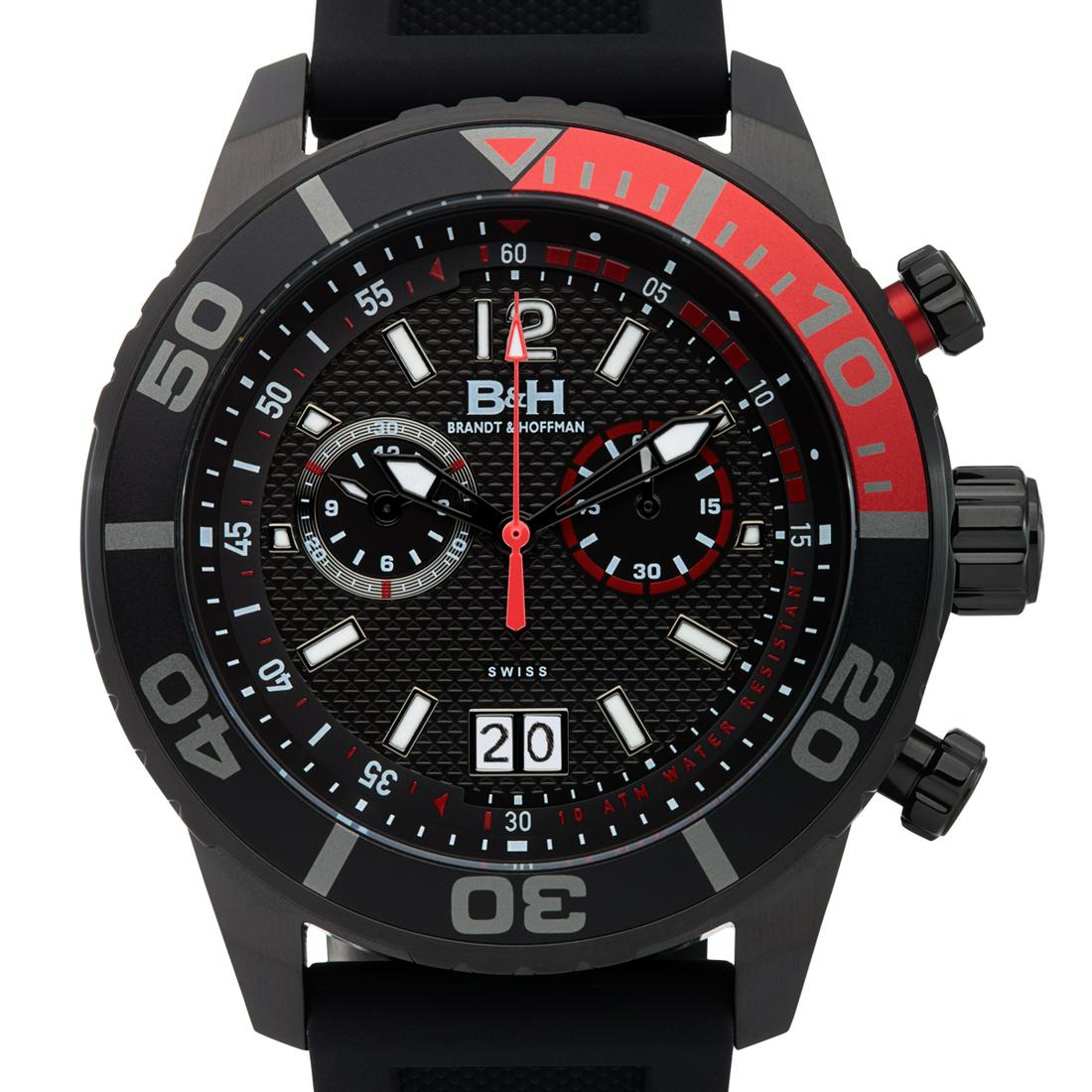 Brandt & Hoffman Swiss Bayliss 45mm Case Watch: -Genuine Swiss Ronda MovementDisplay Typ-AnalogWater Resistant:-Water Resistant To 10ATMCase Size:-45mm x 52mm x 12mmCase Material:-Surgical Grade 316L Stainless SteelDial Color:-BlackHands Details:-L