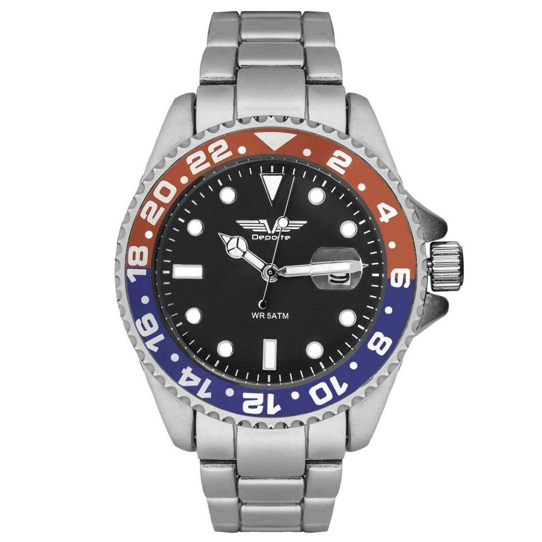 Deporte Pacific Two Tone Diver Style 42mm Case: Main Features: Luminescent white hands with a Silver tone bracelet strap, Silver Case , Blue & red bezel, Black DialHands: Luminous WhiteCase Shape: RoundMaterial: Ion Plated Metal, Stainless SteelCas