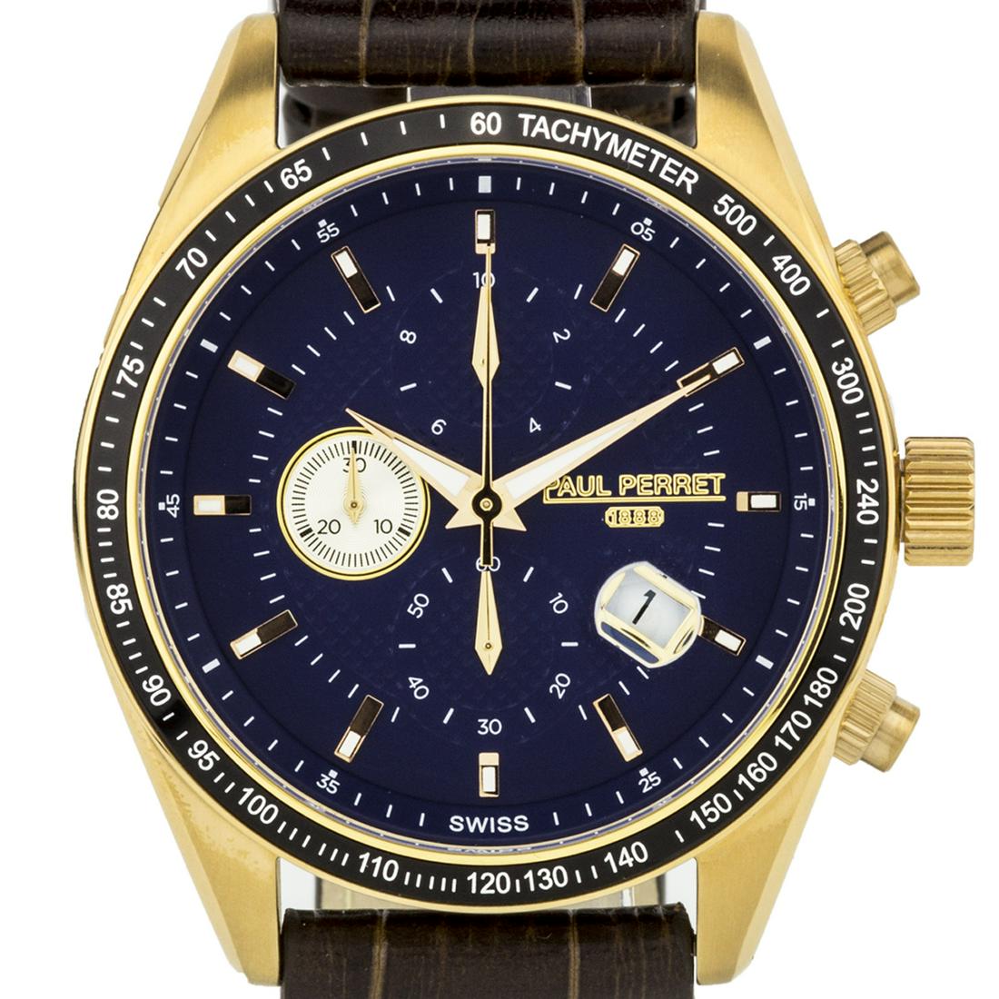 Paul Perret 44mm Case Mosset Men Chronograph Watch: Quartz chronograph movementChocolate Brown leather croco strapBuckle claspStainless steel bezel and case