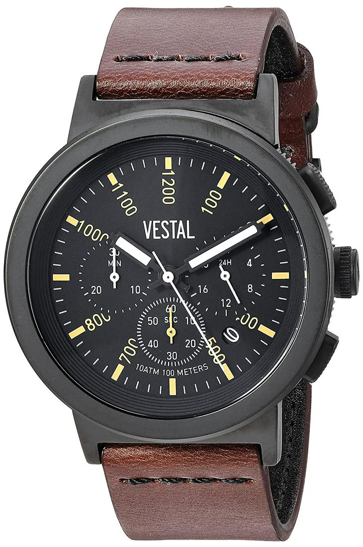 Vestal Men's Retrofocus Chrono Watch 44mm Case Diameter: The Retrofocus Chrono Watch from Vestal features an original design, influenced by vintage camera and lens designs. The unique dial features indices that are denoted by camera ISO level in place of ho