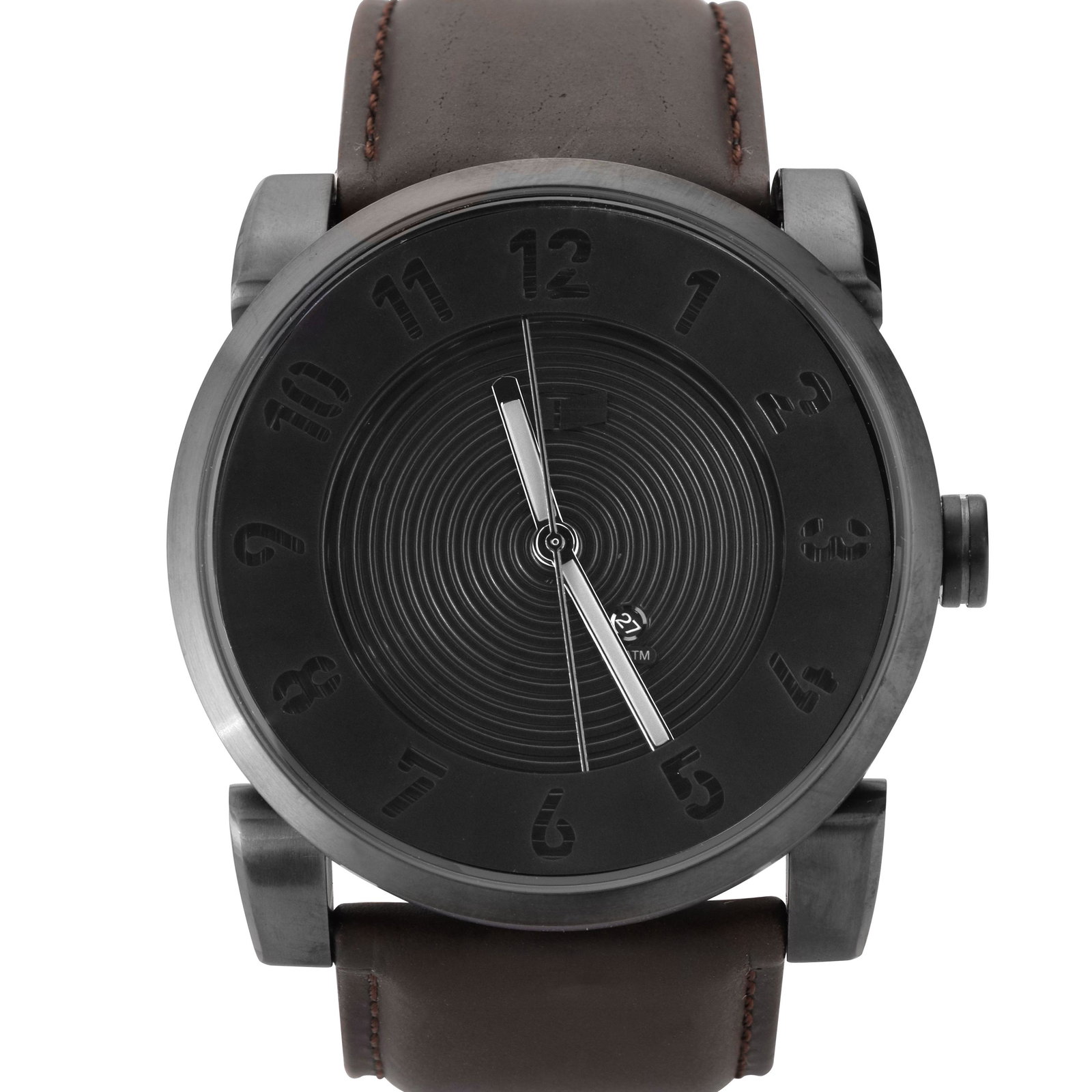 Vestal Men's Doppler Oversized 50mm Case Watch: Round watch featuring stenciled Arabic numerals. luminous hands, and guilloche inner dial50 mm stainless steel case with mineral dial windowJapanese quartz movement with analog displayLeather band wit