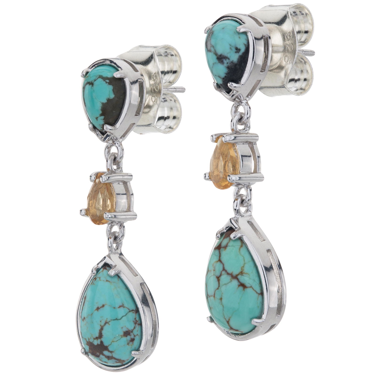 Silver Turquoise & Citrine 3-Stone Drop Earrings: 925 Sterling Silver Pangea Mines drop earrings offer a bit of everything you love—heavenly color, feminine styling and a gleaming setting. Beautifully crafted in rhodium over sterling silver and