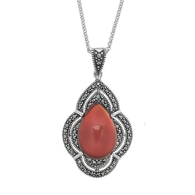 Sterling Silver Red Agate & Marcasite Pendant: Metal: Rhodium over sterling silverStone Information:Red Agate: pear shape 18x12mm Marcasite: round cut 1mm Setting Type: Prong/ AdhesiveMeasurements:Pendant: 40mm L x 23mm W x 8mm HChain: 18" L Count
