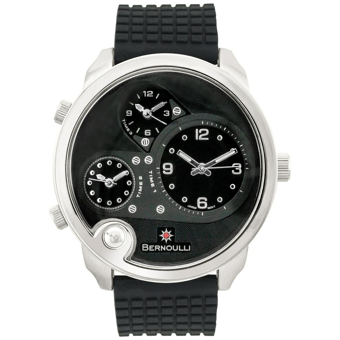 Time Zone, Silver Bezel, Black Silicone Men's Watch: Main Features: Indevidual 12 Hour Dial, Luminescent Hands and Markers, Dynamic Dial LayoutHands: Luminesent handsCase Shape: RoundMaterial: Ion Plated Metal, Stainless Steel, SiliconeCase Thickness: 1