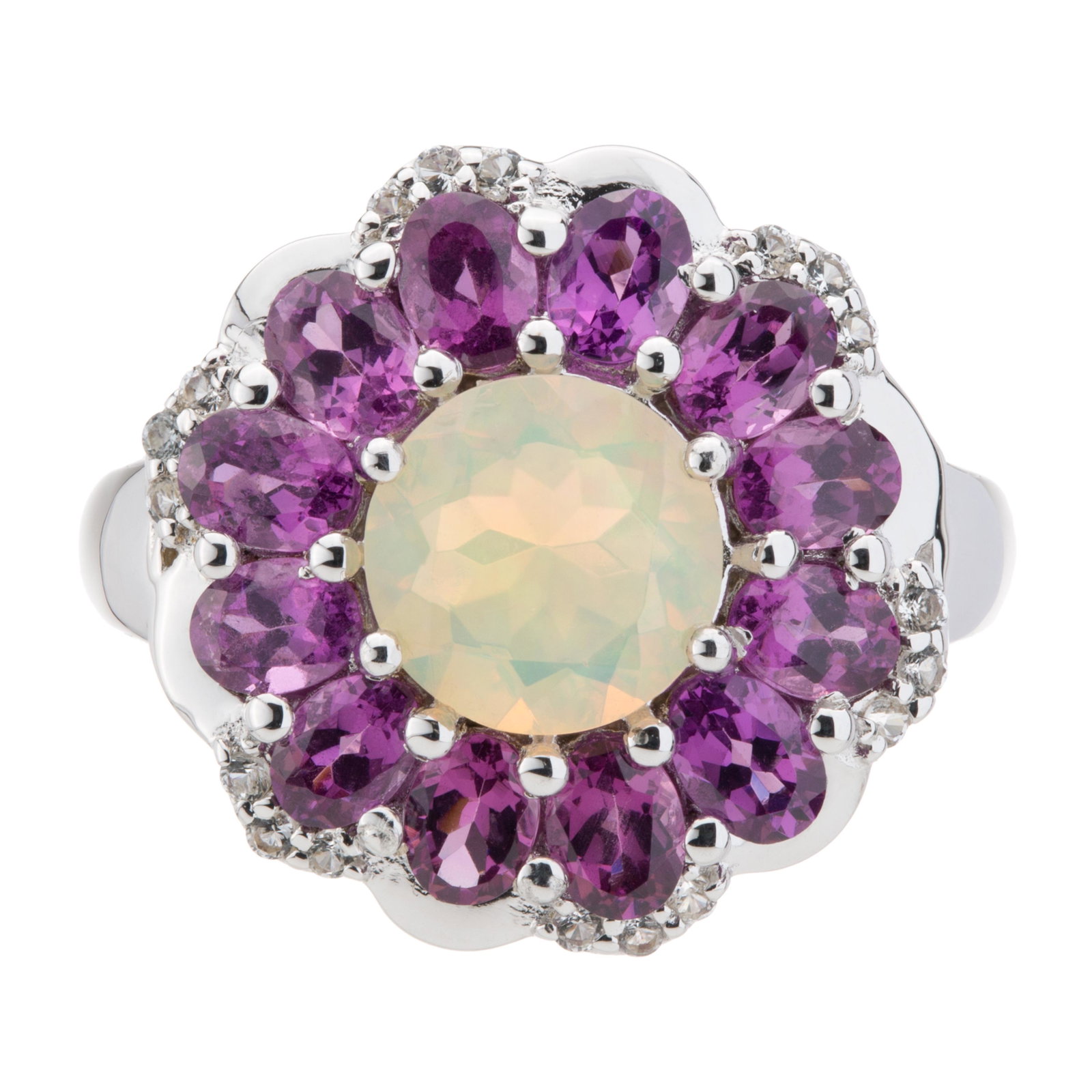 Silver Ethiopian Opal & Garnet Flower Ring-SZ 10: Infused with Spring! One round mesmerizing Ethiopian opal surrounded by pear shaped purple garnet creates an enchanting flower shape on the top of this sterling silver ring. White topaz accents splash
