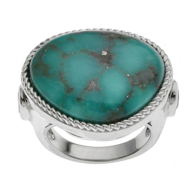 Silver Campo Frio Turquoise & Blue Topaz Ring-SZ 8: Metal: Rhodium over sterling silverStone Information:Stabilized Campo Frio Turquoise: One freeform 23 x 20mm cabochonSwiss Blue Topaz: Two pear cut 6 x 4mmSetting Type: Bezel/Adhesive and BezelMeasure