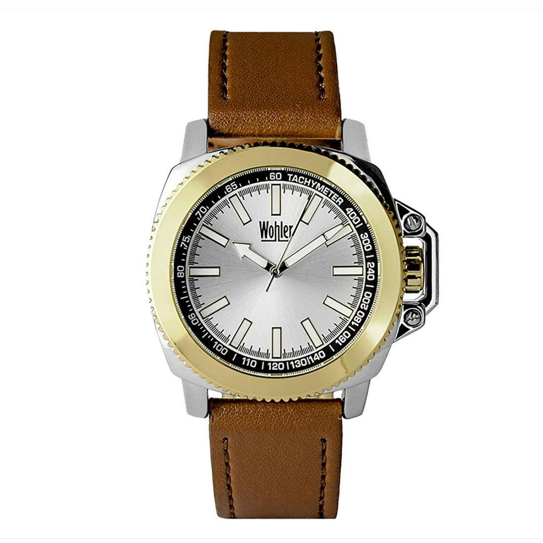 Wohler Manhattan 43mm Case Men's Watch: Main Features: Brown Leather Strap with Brown Stitching & White dial, Gold Bezel Hands: Luminous WhiteCase Thickness: 13mmStrap Width: 22mm StrapMovement:Japanese Quartz MovementStrap Length: Men's St