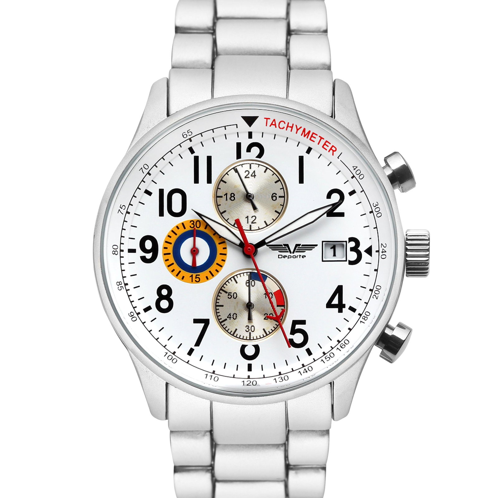 Deporte Spitfire Men's Chronograph 42mm Case Watch: The sporty Spitfire features Stainlesss Steel 42mm Diameter Case with Chronograph Tachymeter 3 Sub Dials, White Indices, Date Magnification Lens White Dial, Silver Tone Case And Branded Bracelet Strap
