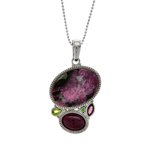 Silver Ruby in Zoisite & Multi Gemstone Pendant: Metal: Rhodium over sterling silverStone Information:Ruby in Zoisite: One oval 28 x 20mm rough top cabochonMadurai Ruby: One oval 14 x 10mm cabochonRhodolite Garnet: One marquise cut 8 x 4mmPeridot: O