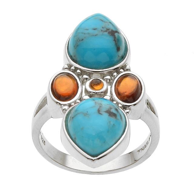Silver Turquoise & Hessonite Garnet Ring-SZ 6: A smart contemporary ring from the Pangea Mines Turquoise Mecca Collection—Pangea Mines pairs genuine turquoise from the famed Kingman Mine with gorgeous hessonite garnet to create a truly spect
