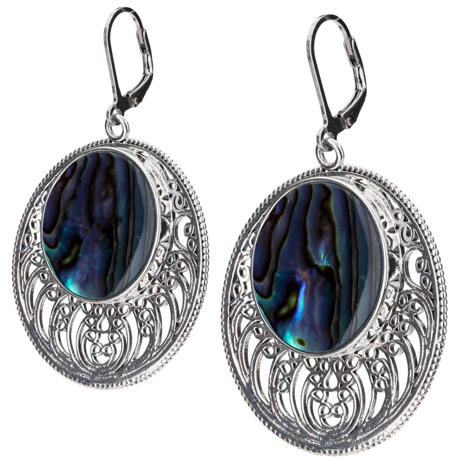Sterling Silver Abalone Openwork Disc Drop Earring: Each earring in the pair showcases one round 20mm genuine Abalone Shell surrounded with a scrollwork-like open design. The polished rhodium over sterling silver of each drop ensures the pair shimmers 
