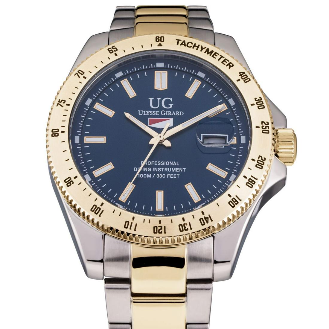 Ulysse Girard Marlin Tachymeter Bezel 42mm Case: Flat Colored Dial with large Luminous Rectangular Indicies at the Hour Markers, Miyota 2315 Movement with Easy to Read Luminous Hour and Minute hands with Colored Second Hand, Stainless Steel Case wit