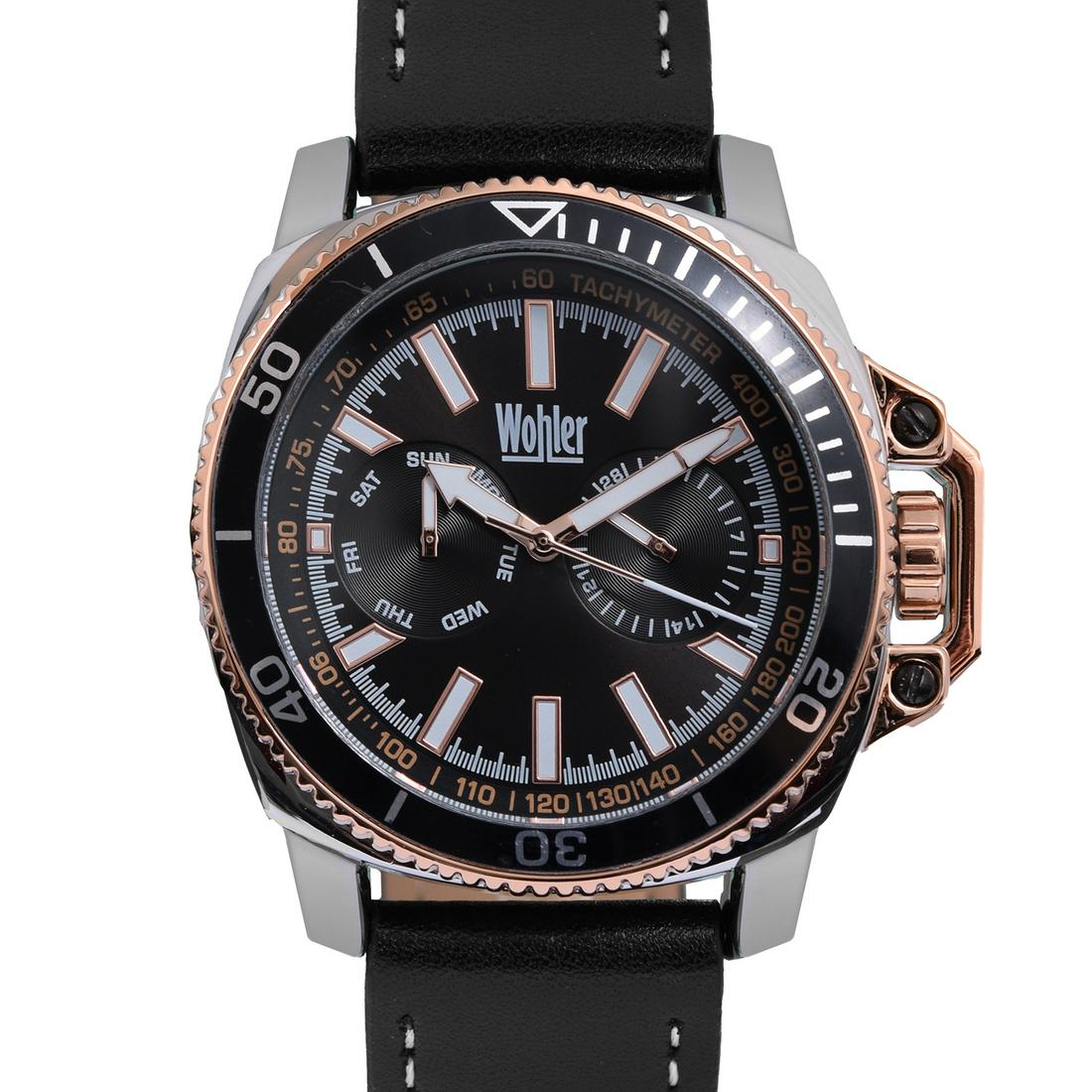 Wohler Tribecca Multi-Finction Sub Dials 42mm Case: Main Features: Multi-Function Sub Dials Leather Strap Hands: Liminescent HandsCase Shape: RoundMaterial: Ion Plated Metal, Stainless SteelCase Thickness: 13mmStrap Width: 22mm StrapMovement:Japanese Q