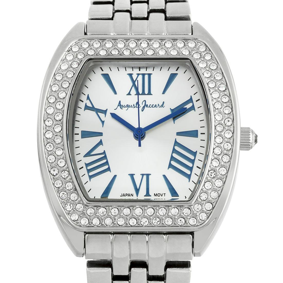Auguste Jaccard Crystal Bezel 35mm Case Watch: Auguste is a stylish, chunky bracelet watch with rows of crystals around the bezel.Stainless Steel, MetalHands: Arrow, Caseback Type: Snap.downGold Tone, Silver Tone StrapType: Analog, Casual, Fashion