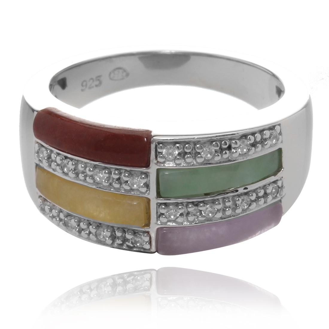 Sterling Silver Multi Colored Jade Ring Size 8: Sterling Silver Jade Ring Size 8 • Metal: Sterling Silver• Stone: Jade• Total Weight: 5.3 grams• Finish: Rhodium