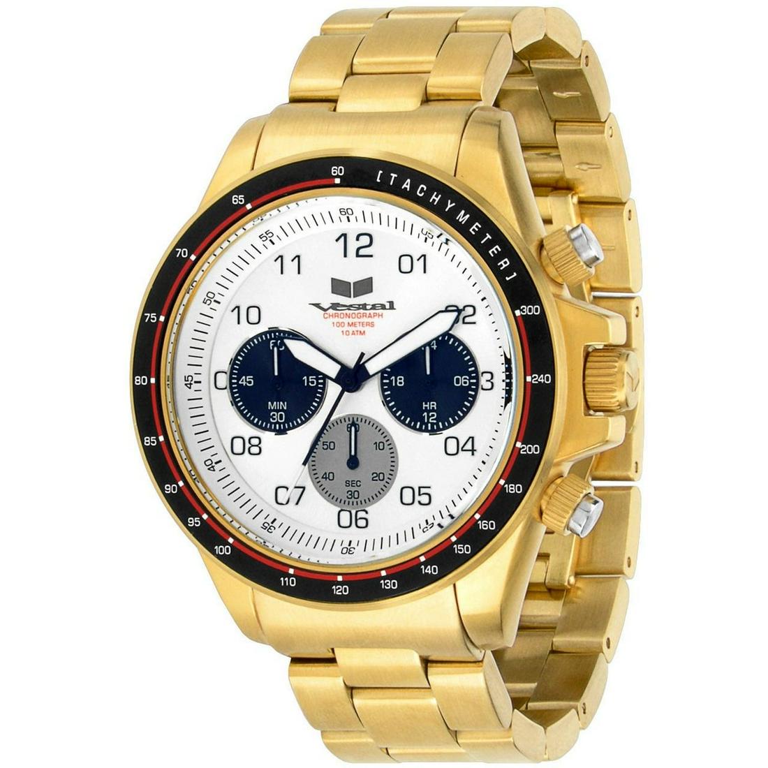Vestal 43mm Brushed Gold/White: Inspired by its sibling, the ZR-2 is everything the ZR-3 has to offer while captured in a smaller 43mm case. The ZR-2 is a mid-sized premium round chronograph. Its stainless steel case construction in