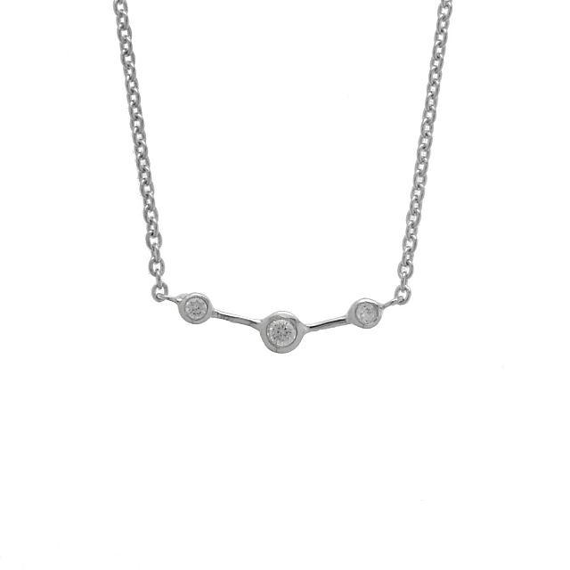 14K White Gold Plate Three Stone Bar Pendant: • Sparkling Cubic Zirconia• 16 inch• 14K white gold over brass