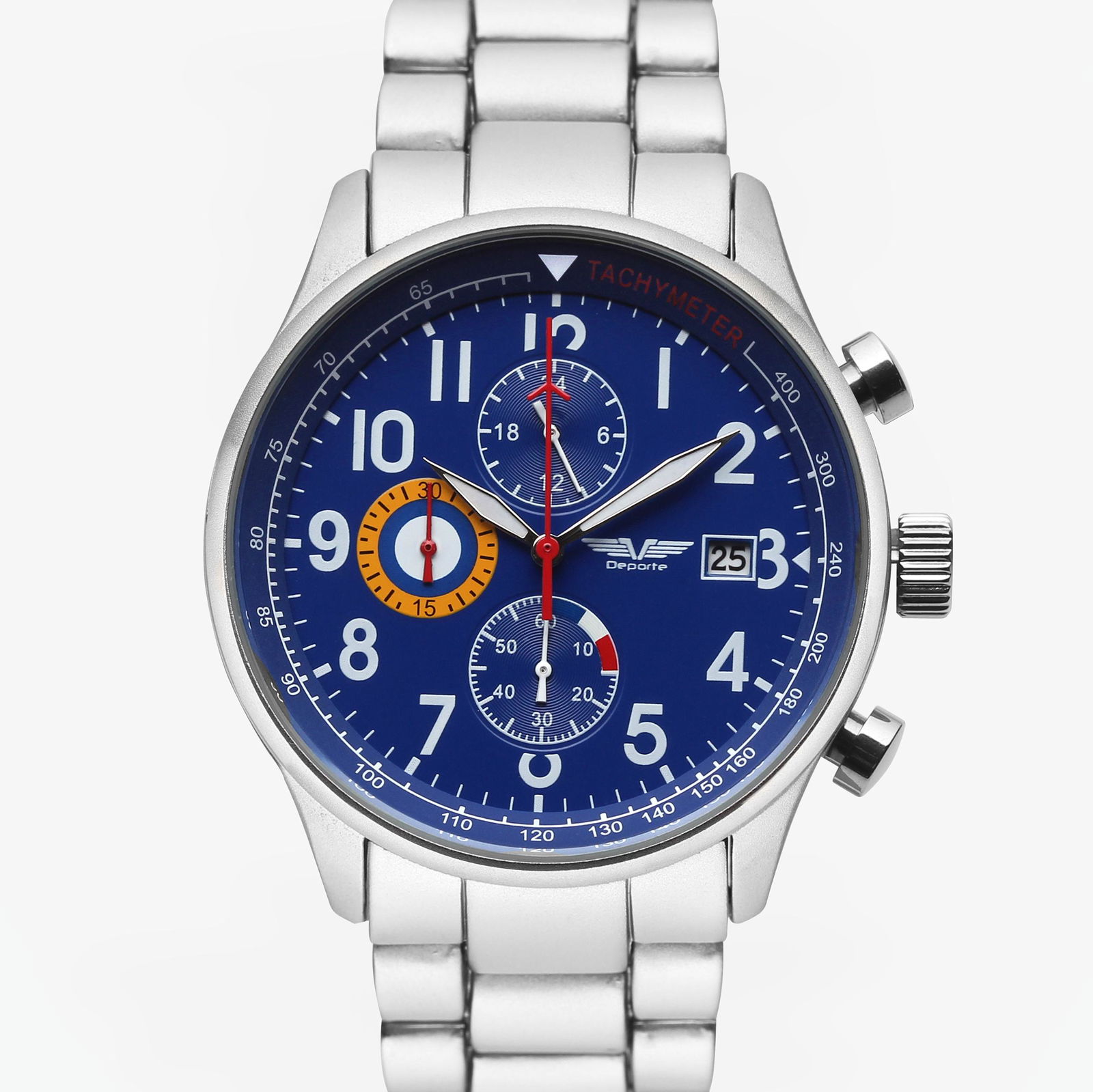 Deporte Spitfire Men's Chronograph 42mm Case Watch: The sporty Spitfire features Stainlesss Steel 42mm Diameter Case with Chronograph Tachymeter 3 Sub Dials, White Indices, Date Magnification Lens Blue Dial, Silver Tone Case And Branded Bracelet Strap