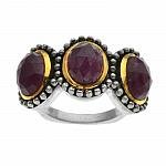 Sterling Silver Ruby Beaded Three-Stone Ring-SZ 7: Metal: Rhodium over sterling silver with oxidized accentsStone Information: Three oval checkerboard cut 9 x 7mm Madurai rubiesSetting Type: Bezel/AdhesiveMeasurements: 1/2"L x 1"W x 3/16"HCountry of O